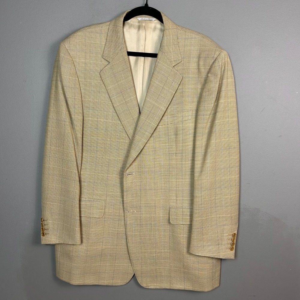 Canali Sport Coat Mens US 48R IT 58R Tan Windowpane Lightweight Wool Italy - Picture 5 of 15